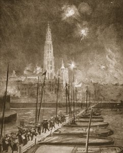 Vluchtelingen uit Antwerpen steken de pontonbrug over de Schelde over door Alick P. F. Ritchie